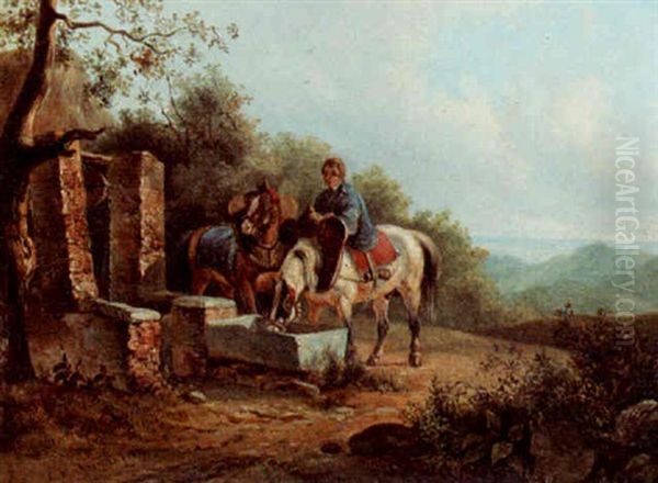 Landscape With Two Horses Oil Painting by Lodewijk Hendrik Arends