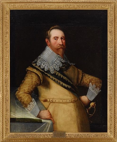 Portratt Av Gustav Ii Adolf, Konung Av Sverige, Barandes Kyller, Ringkrage, Guldbandade Armar, Morkgron Faltbindel Och Stor Liggande Spetskrage - Hoftbild by Cornelius Arendtson