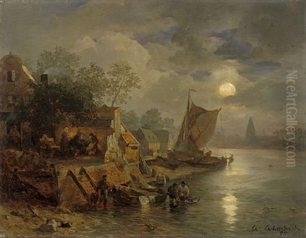 Nachtlichekustenlandschaft Mit Fischern Oil Painting by Andreas Achenbach