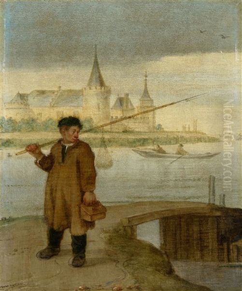 Fisher On A Bridge With Muiderslot In The Background Oil Painting by Arent (Cabel) Arentsz