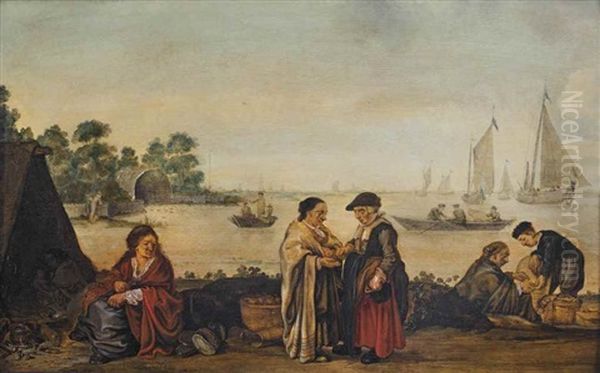 A River Landscape With A Fisher Woman Giving A Coin To A Gypsy Oil Painting by Arent (Cabel) Arentsz