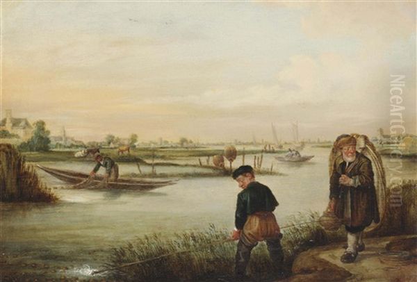 A River Landscape With Fishermen At Work, Emptying Their Nets Oil Painting by Arent (Cabel) Arentsz