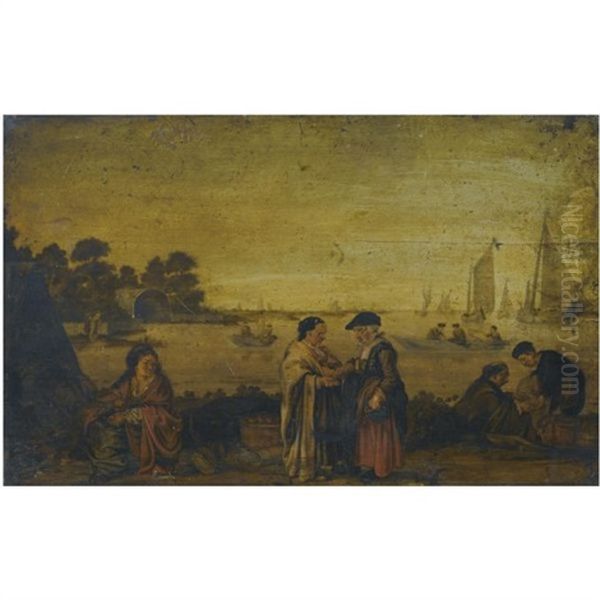 A River Landscape With Women Exchanging Money In The Foreground by Arent (Cabel) Arentsz