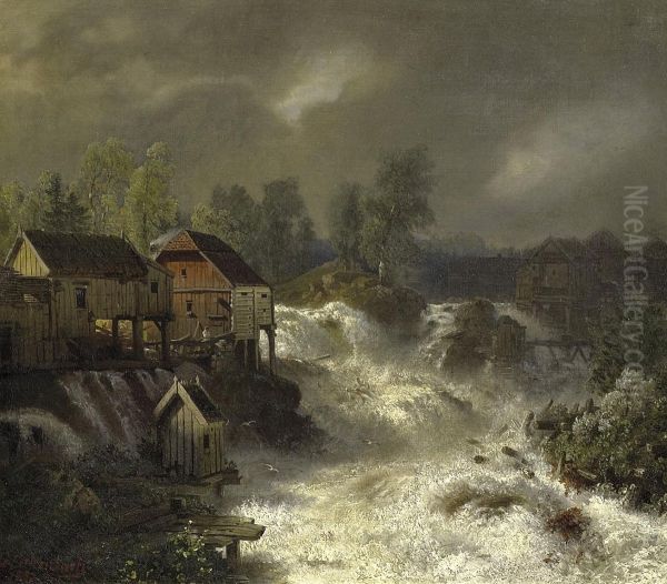 The Waterfalls Of Trollhattan In Sweden Oil Painting by Andreas Achenbach