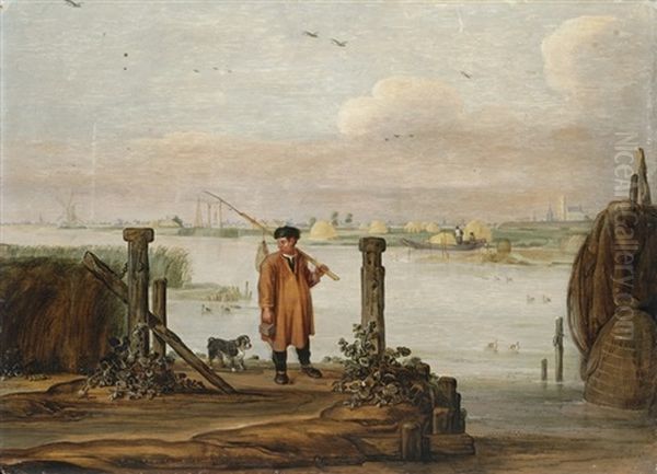 An Extensive River Landscape With A Fisherman By The Quayside Oil Painting by Arent (Cabel) Arentsz