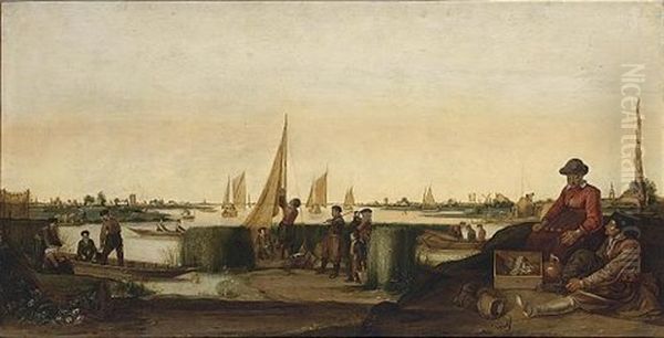 An Extensive River Landscape With Fishermen And Their Boats, A Couple With Their Ware In The Right Foreground by Arent (Cabel) Arentsz