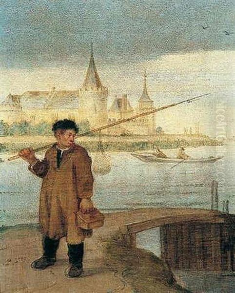 River Landscape, A Fisherman By A Bridge, Slot Muiden Beyond Oil Painting by Arent (Cabel) Arentsz