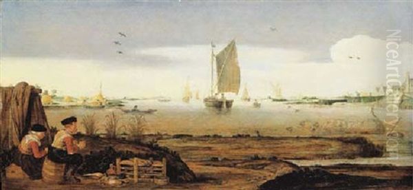 An Estuary Landscape With A Peasant Couple Catching Duck With Decoys, Harvesters By The Shore And Shipping On The Water Beyond Oil Painting by Arent (Cabel) Arentsz