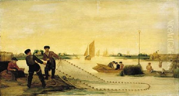 A River Landscape With Two Fishermen Pulling In Their Nets, With Bathers Beyond Oil Painting by Arent (Cabel) Arentsz