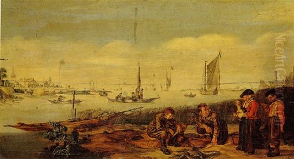 An Estuary Scene, With Fishermen Displaying Their Catch To A Peasant Couple On The Shore Oil Painting by Arent (Cabel) Arentsz