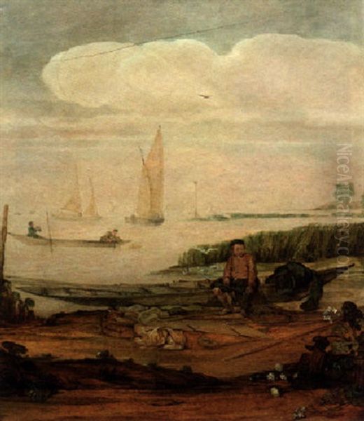 A River Landscape With A Fisherboy Mending A Net Seated On A Punt On The Shoreline, Other Shipping Beyond Oil Painting by Arent (Cabel) Arentsz