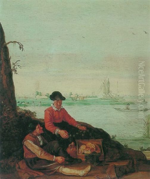 Fisherfolk On The Banks Of An Estuary With Rowboats, Bathers And A Windmill Beyond Oil Painting by Arent (Cabel) Arentsz