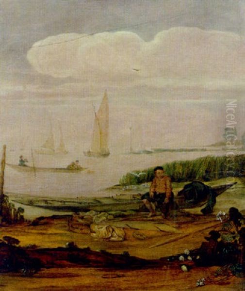 A River Landscape With A Fisherboy Seated On A Boat By The Shore, Other Shipping Beyond Oil Painting by Arent (Cabel) Arentsz