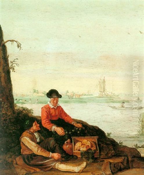 Fischerfolk On The Bank Of An Estuary With Rowboats, Bathers And A Windmill Beyond Oil Painting by Arent (Cabel) Arentsz