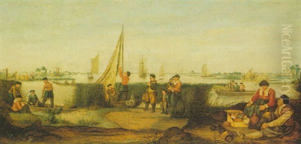 Fishermen On The Banks Of A River Estuary, With Rowing And Sailing Boats Beyond Oil Painting by Arent (Cabel) Arentsz