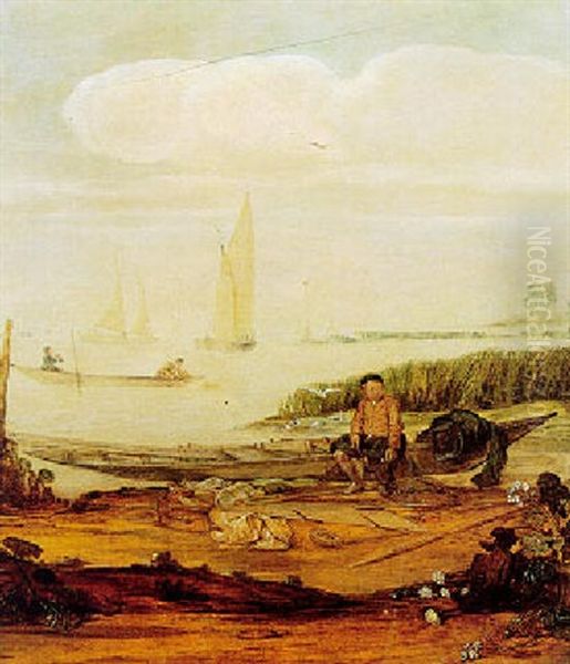 River Landscape With Fishermen And A Young Boy With Fishing Nets Oil Painting by Arent (Cabel) Arentsz