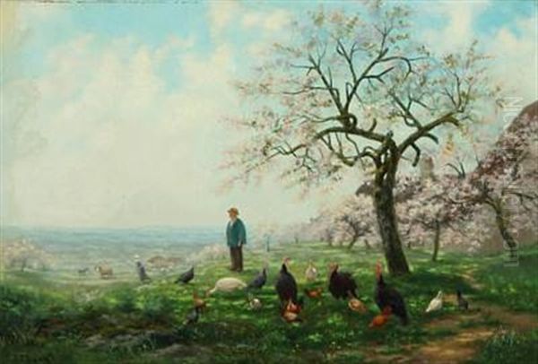 Spring Landscape With Orchard In Blossom And Grazing Turkeys And Hens Oil Painting by Eugene D' Argence