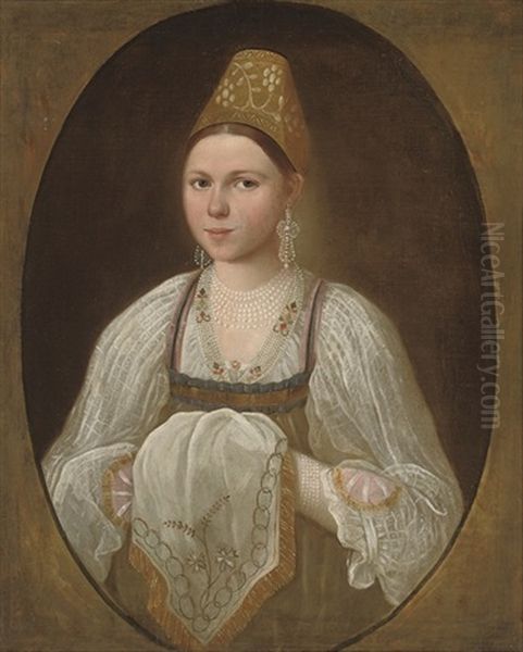 Portrait Of A Young Woman In Traditional Russian Costume Oil Painting by Ivan Petrovich Argunov