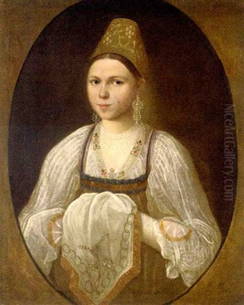 Portrait Of A Young Woman In Traditional Russian Costume Oil Painting by Ivan Petrovich Argunov