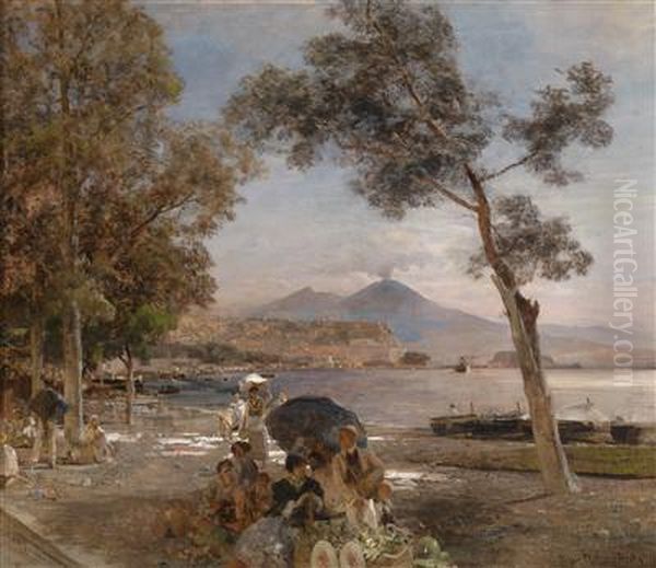 The Gulf Of Naples In The Evening Light Oil Painting by Oswald Achenbach