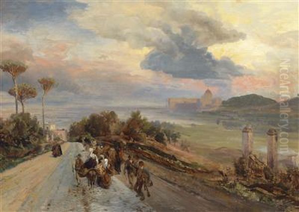 Via Cassia Near Rome With View Of The Vatican Oil Painting by Oswald Achenbach