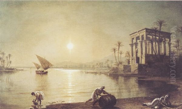 Twilight Along The Nile At Luxor Oil Painting by Fortunato Ariolla