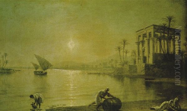 Figures In A Classical River Landscape By Moonlight Oil Painting by Fortunato Ariolla