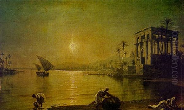 Figures In A Classical River Landscape By Moonlight Oil Painting by Fortunato Ariolla