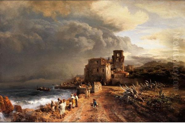 Verschattete Landschaft Am Meer Mit Figurenstaffage Oil Painting by Oswald Achenbach