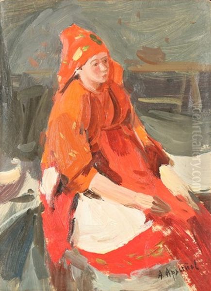 Study Of Peasant Woman In Red Costume Oil Painting by Abram Efimovich Arkhipov