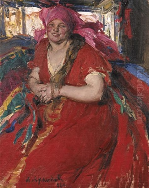 Peasant Woman In A Red Dress Oil Painting by Abram Efimovich Arkhipov