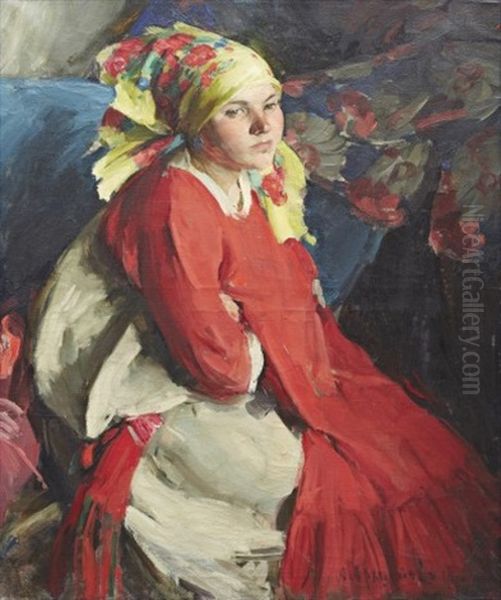 Peasant Woman With A Green Shawl Oil Painting by Abram Efimovich Arkhipov