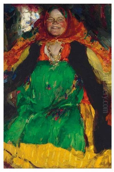 Peasant Woman In A Green Sarafan Oil Painting by Abram Efimovich Arkhipov