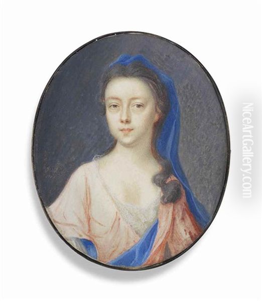 A Young Lady, In Blue-lined Pink Dress, Wearing Long Blue Veil Oil Painting by Benjamin Arlaud