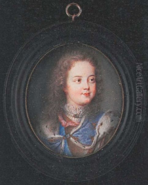 Louis Xv As A Child, Wearing Ermined Lined Blue Cloak Held With A Sapphire Brooch, Pink Ribbon And Armoured Breast-plate Over White Lace Chemise With Matching Brooch Oil Painting by Benjamin Arlaud