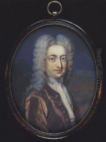 A Gentleman Wearing A Brown Coat, White Jabot And Full Bottomed Powdered Wig Oil Painting by Benjamin Arlaud