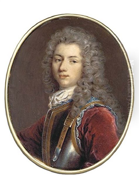 A Young Gentleman Called Fouche De Sacy, In Gold-bordered Breast Plate With Blue Lining And Strap, Red Velvet Coat, Lace Cravat, Long Powdered Curling Hair Oil Painting by Jacques-Antoine Arlaud