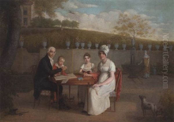 Portrait Of The Arlaud Family, Seated At A Table In An Enclosed Garden, A Vineyard Beyond Oil Painting by Marc-Louis Arlaud