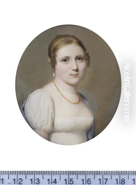 A Lady, Called Fanny Mercier Nee Uginet (c.1796-1828), Wearing White Dress, Blue Shawl Draped About Her Shoulders Oil Painting by Louis Ami Arlaud-Jurine