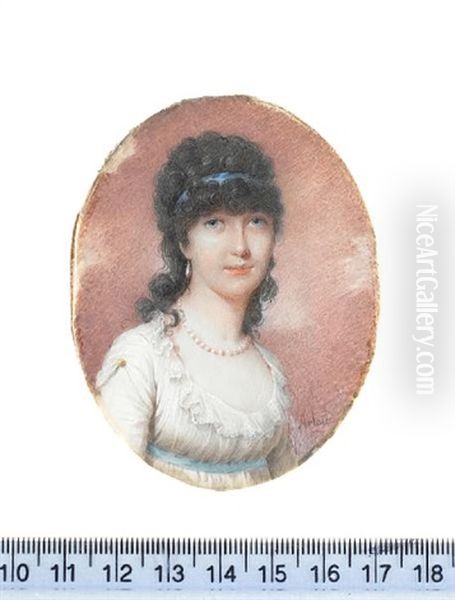 A Lady, Mary Ann Rainsford (?), Wearing White Dress, Gold Button At Her Shoulder, Frilled Lace Collar, Blue Sash, Pearl Necklace And Earrings Oil Painting by Louis Ami Arlaud-Jurine