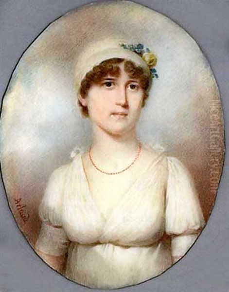 Marie-louise Soret, In White Dress, Coral Necklace, White Turban And Yellow Rose And Blue Flowers In Her Curling Brown Hair Oil Painting by Louis Ami Arlaud-Jurine