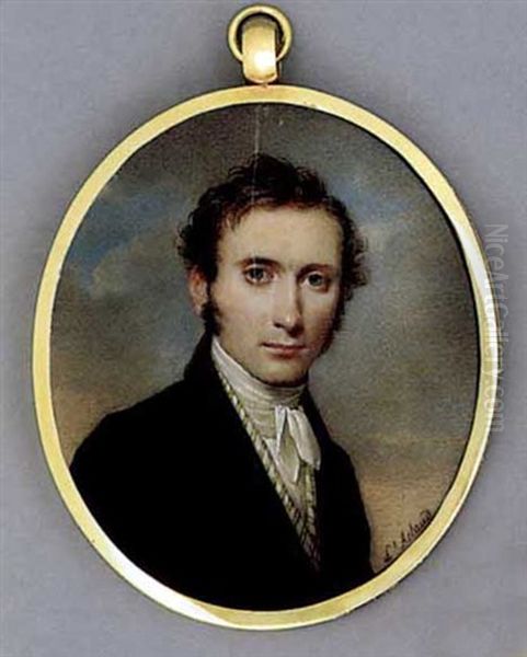 A Young Gentleman, In Black Coat, Yellow Striped White Waistcoat And Knotted Cravat, Sky And Cloud Background Oil Painting by Louis Ami Arlaud-Jurine