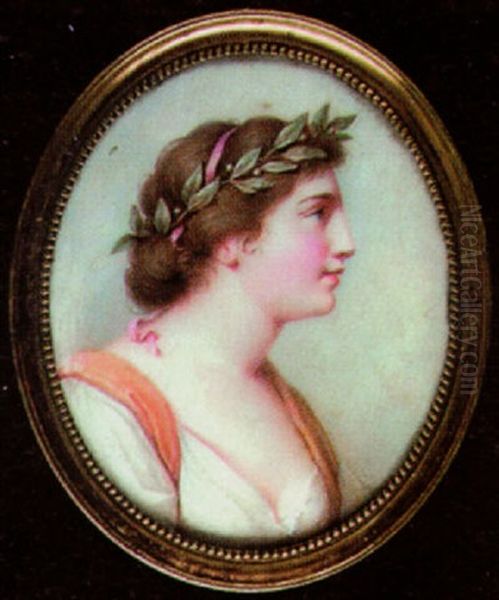 A Lady Wearing A Laurel Wreath In Her Hair, Orange Cloak And Low-cut Dress Oil Painting by Louis Ami Arlaud-Jurine