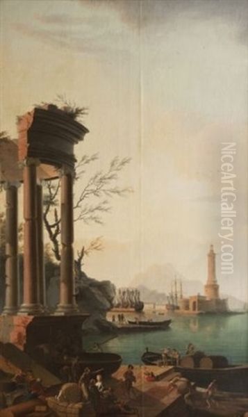 Ruines Antiques A L'entree D'un Port Mediterraneen Oil Painting by Jean Henry d' Arles