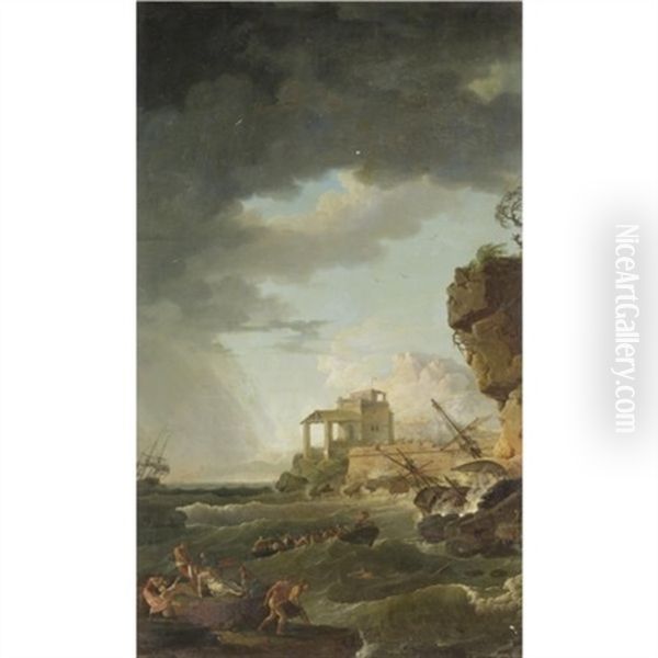 A Shipwreck Off A Rocky Coast Oil Painting by Jean Henry d' Arles