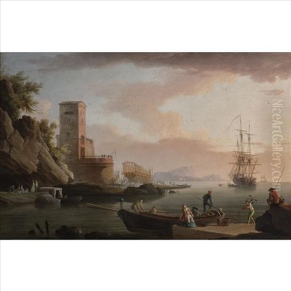 A Mediterranean Harbor With A Shipyard Oil Painting by Jean Henry d' Arles