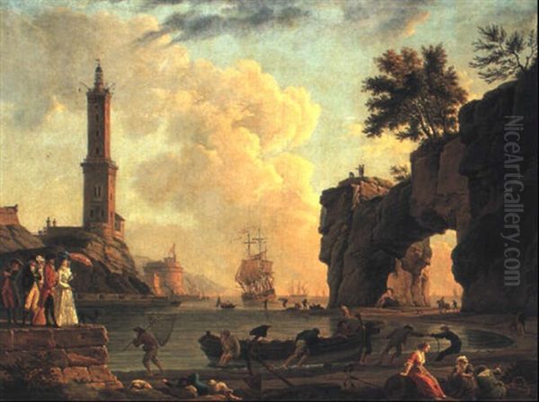 Port Mediterraneen Avec Des Pecheurs Tirant Une Barque Sur Le Rivage Oil Painting by Jean Henry d' Arles