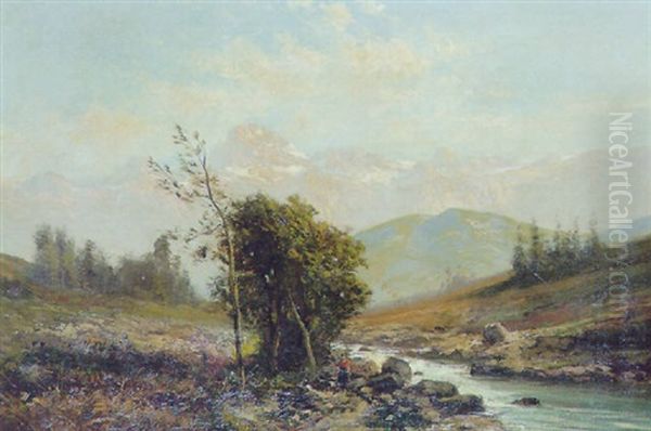 Sydeuropaeisk Bjerglandskab Med Flodlob  I Forgrunden Oil Painting by Ernest Emile Armand-Delille