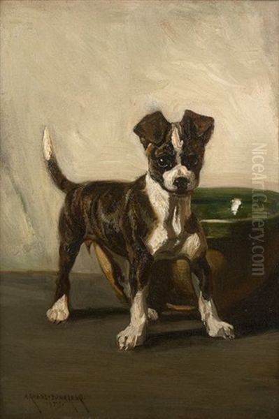 Jeune Chiot Pres D'une Coupe Verte Oil Painting by Edouard Armand-Dumaresq