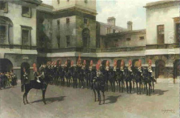 The Royal Horse Guards, Guard Mounting Parade, Whitehall Oil Painting by Edouard Armand-Dumaresq